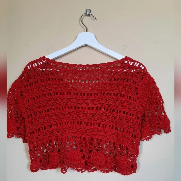 Vintage Red Crochet Blouse Floral Possibly Handmade, No Tags, Button Front - Picture 5 of 6